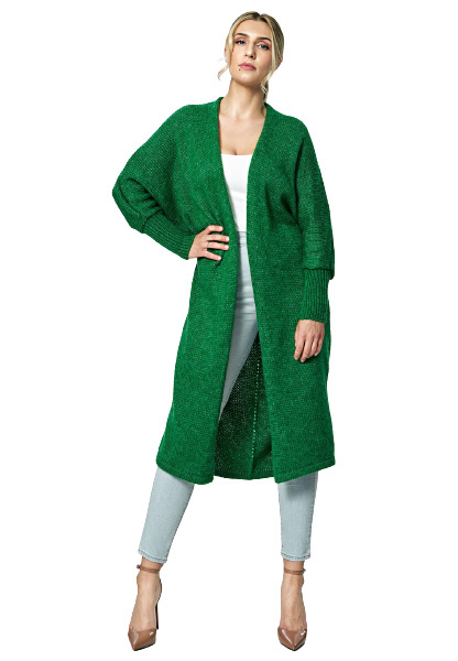 Sweter damski długi bez zapięcia z kimonowym rekawem ciemny zielony
